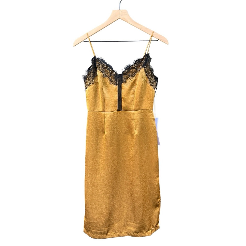 NWT Lumiere Gold Satin Eyelash Lace Midi Slip Dress Small